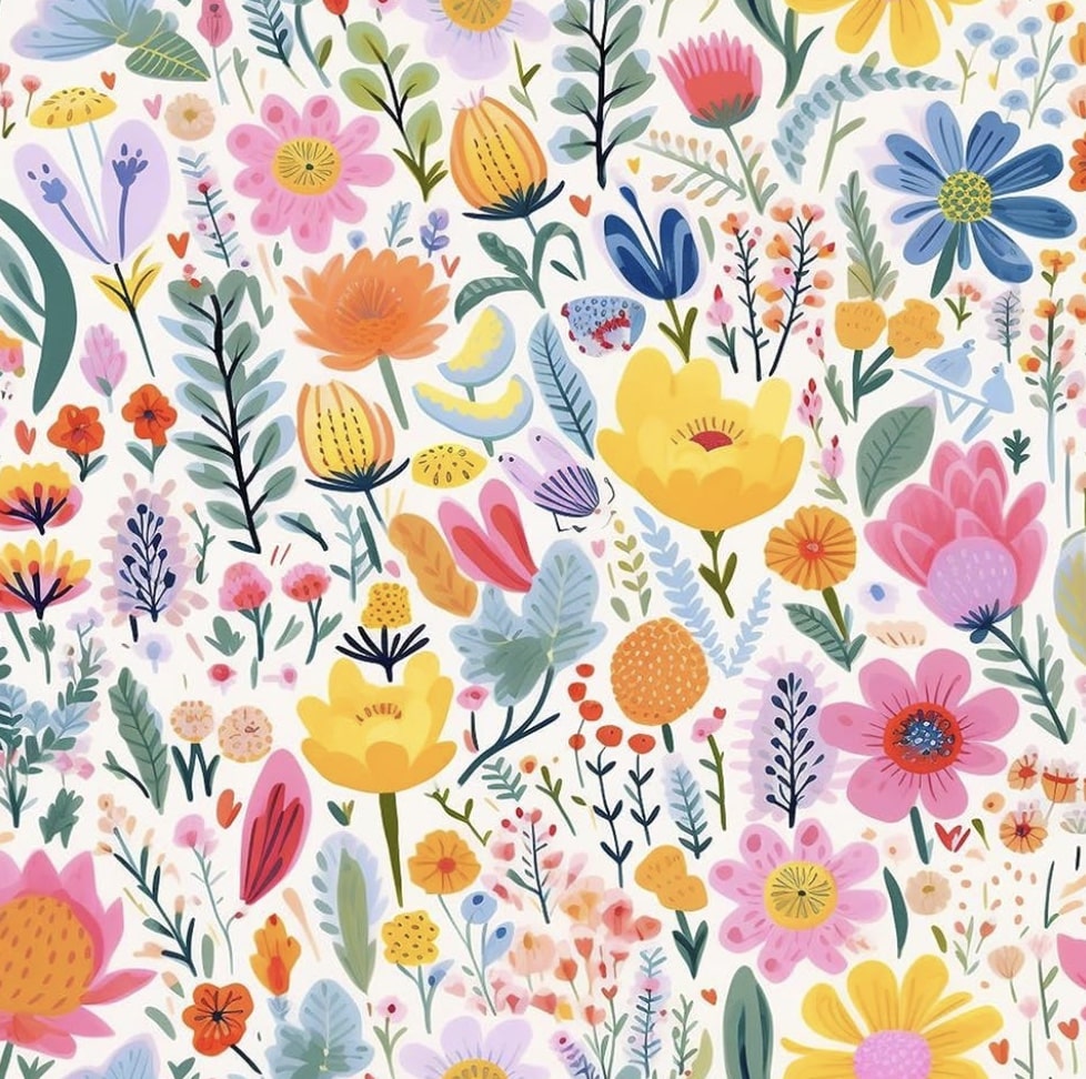 Colorful illustration of various flowers and leaves, including yellow, pink, orange, blue, and purple blooms, densely arranged on a light background—perfect for creating vibrant and cheerful easy corkboard placemats.